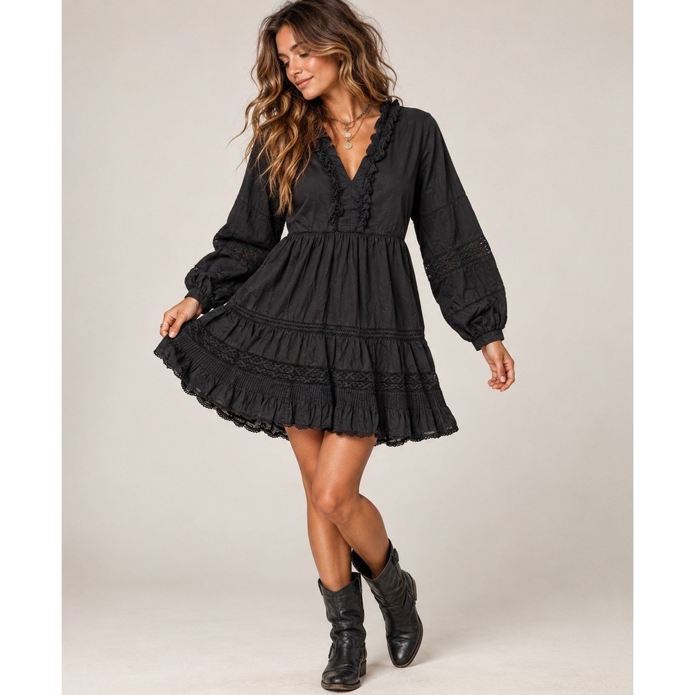 Sundance Black Bromlee Tiered Ruffle Dress S • Puff Sleeves Prairie Cottagecore